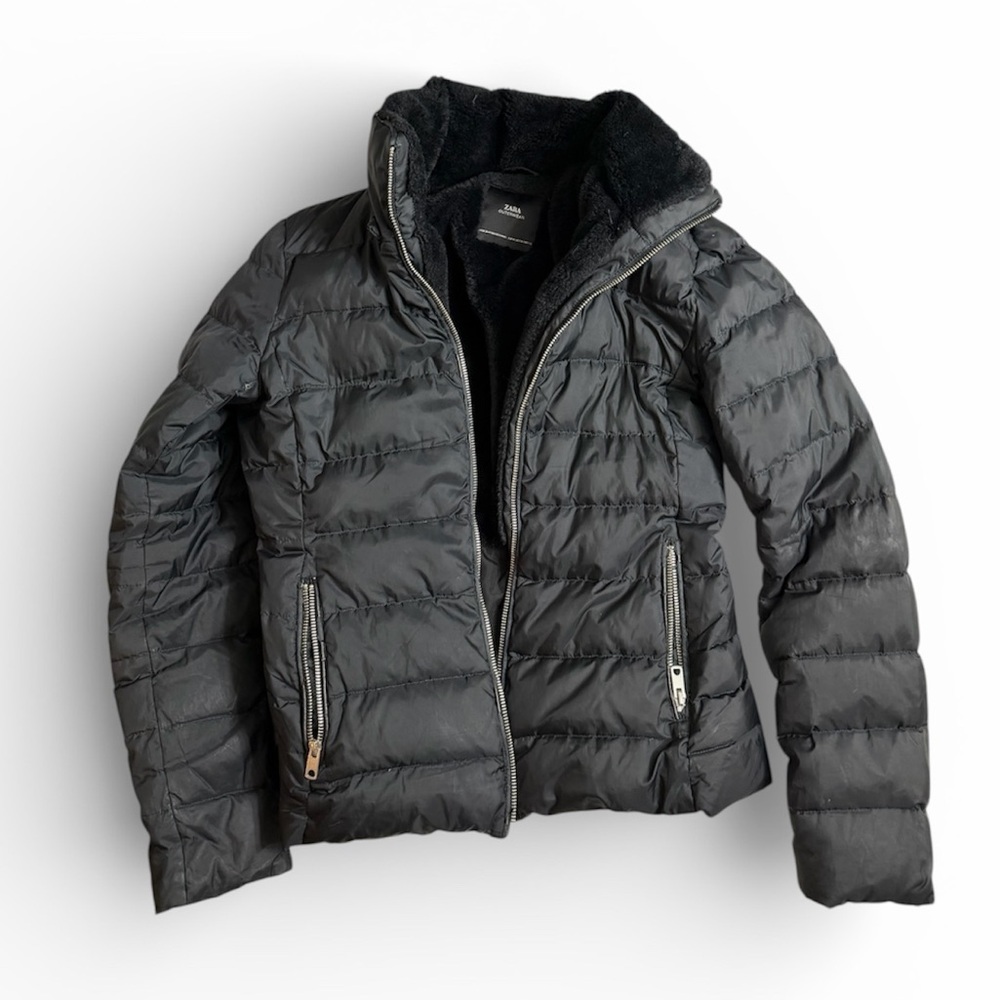 Zara Black Outerwear Puffer with a fleece-lined neck Jacket Medium